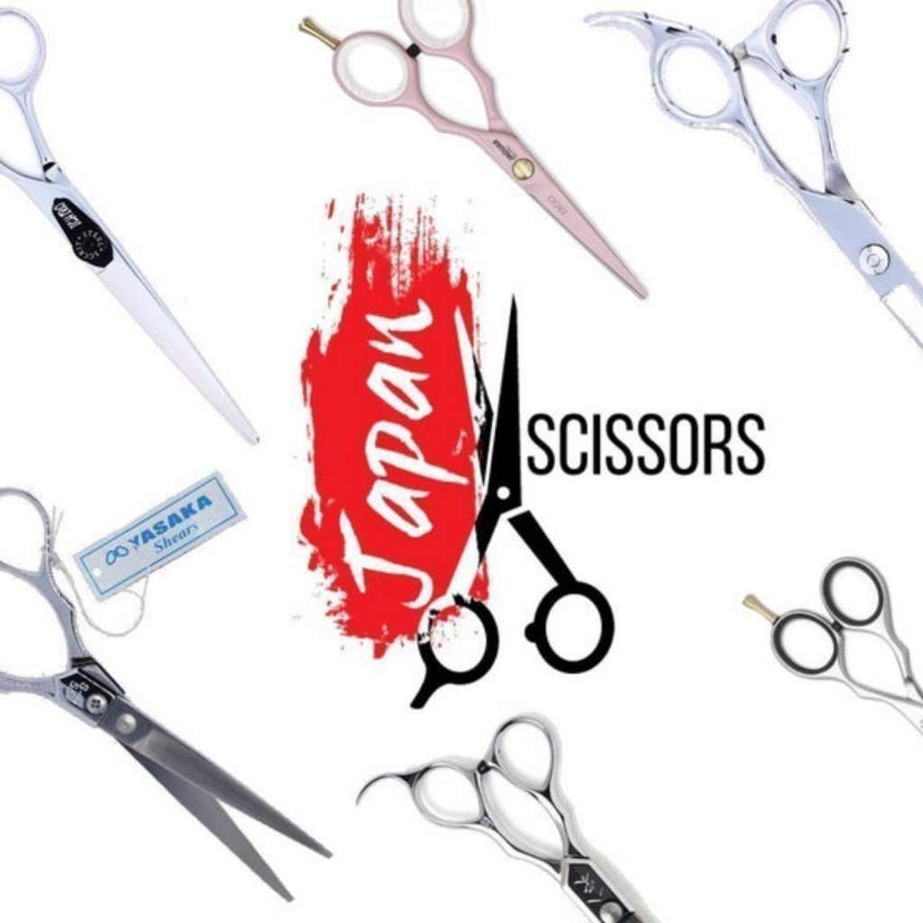 Japan Scissors Logo in front of hair cutting shears in a salon