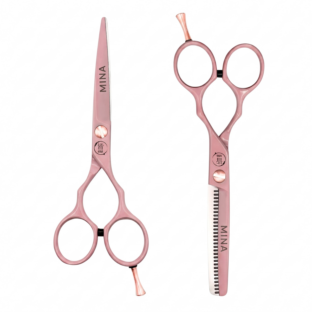 Mina Classic Pastel Pink Professional Shears Set — pastel pink cutting and thinning shears with rose gold accents (SKU: MIN-MPNK-S55)