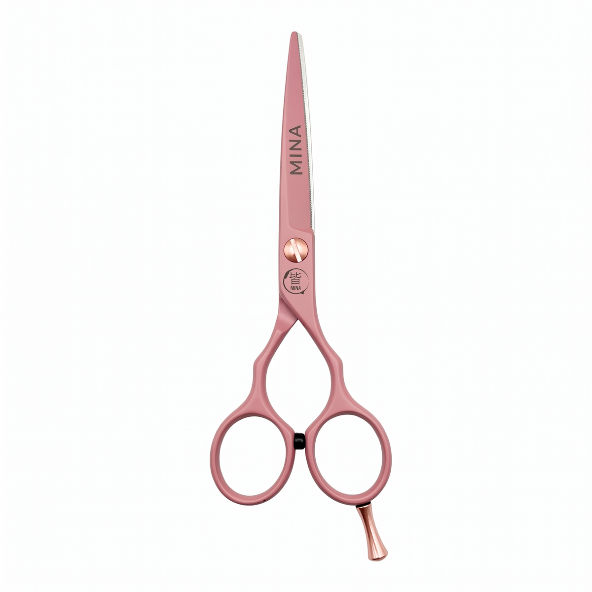 Mina Classic Pastel Pink cutting shears — pastel pink blade with rose gold tension screw and finger rest (SKU: MIN-PNK-C55)