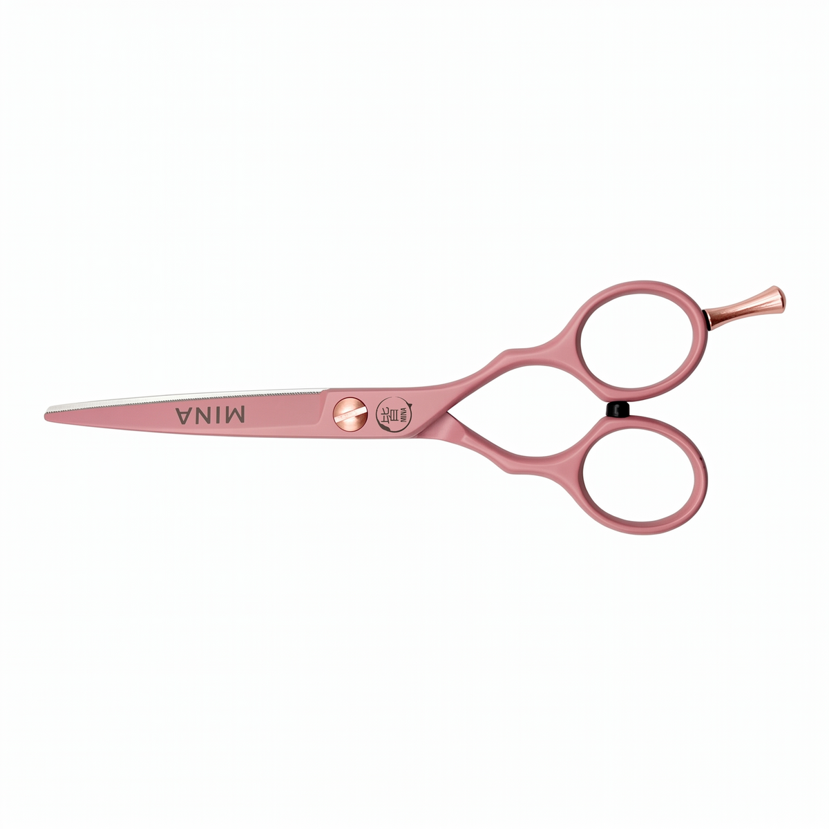 Mina Classic Pastel Pink cutting shears — pastel pink blade with rose gold accents, side view