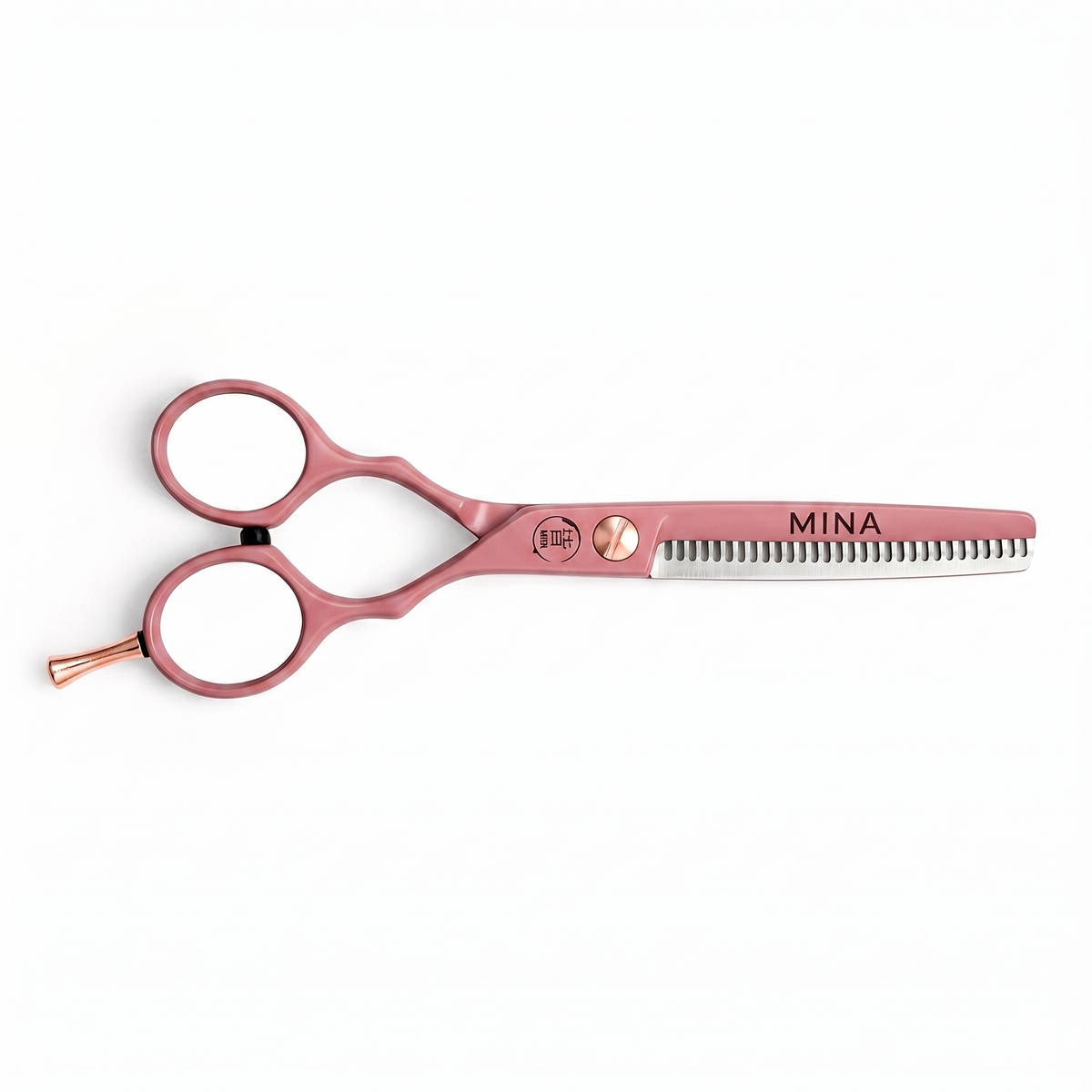 Mina Classic Pastel Pink thinning shears — pastel pink texturizing blade with rose gold accents