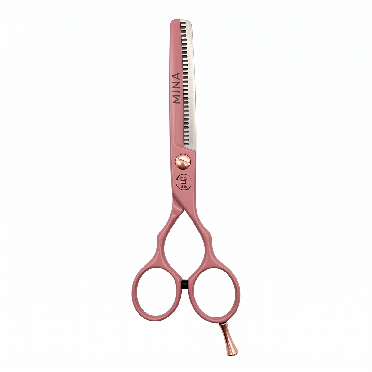 Mina Classic Pastel Pink thinning shears — close-up of the pastel pink texturizing teeth