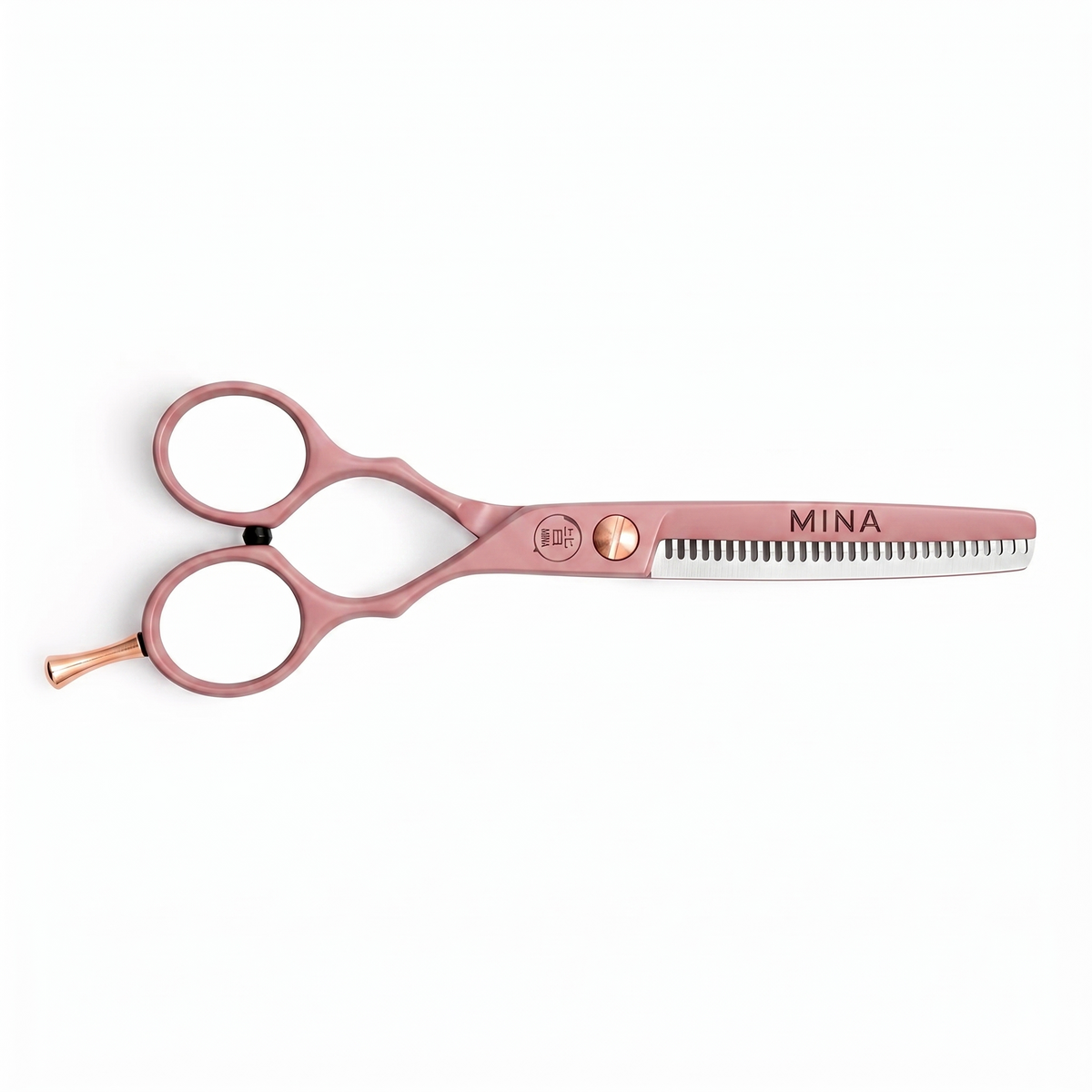 Mina Classic Pastel Pink thinning shears — pastel pink serrated thinning blade, side view