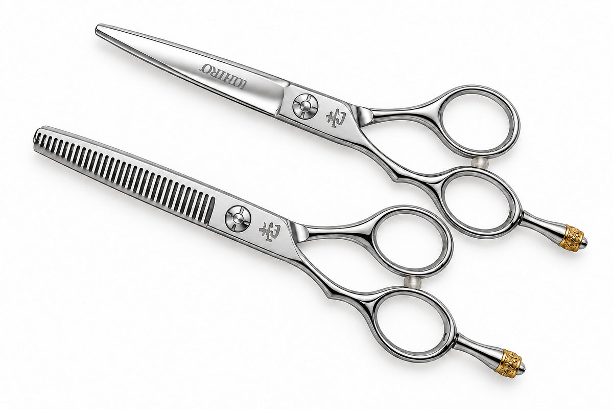 Ichiro Crown lefty cutting shear above the matching thinning shear, angled view