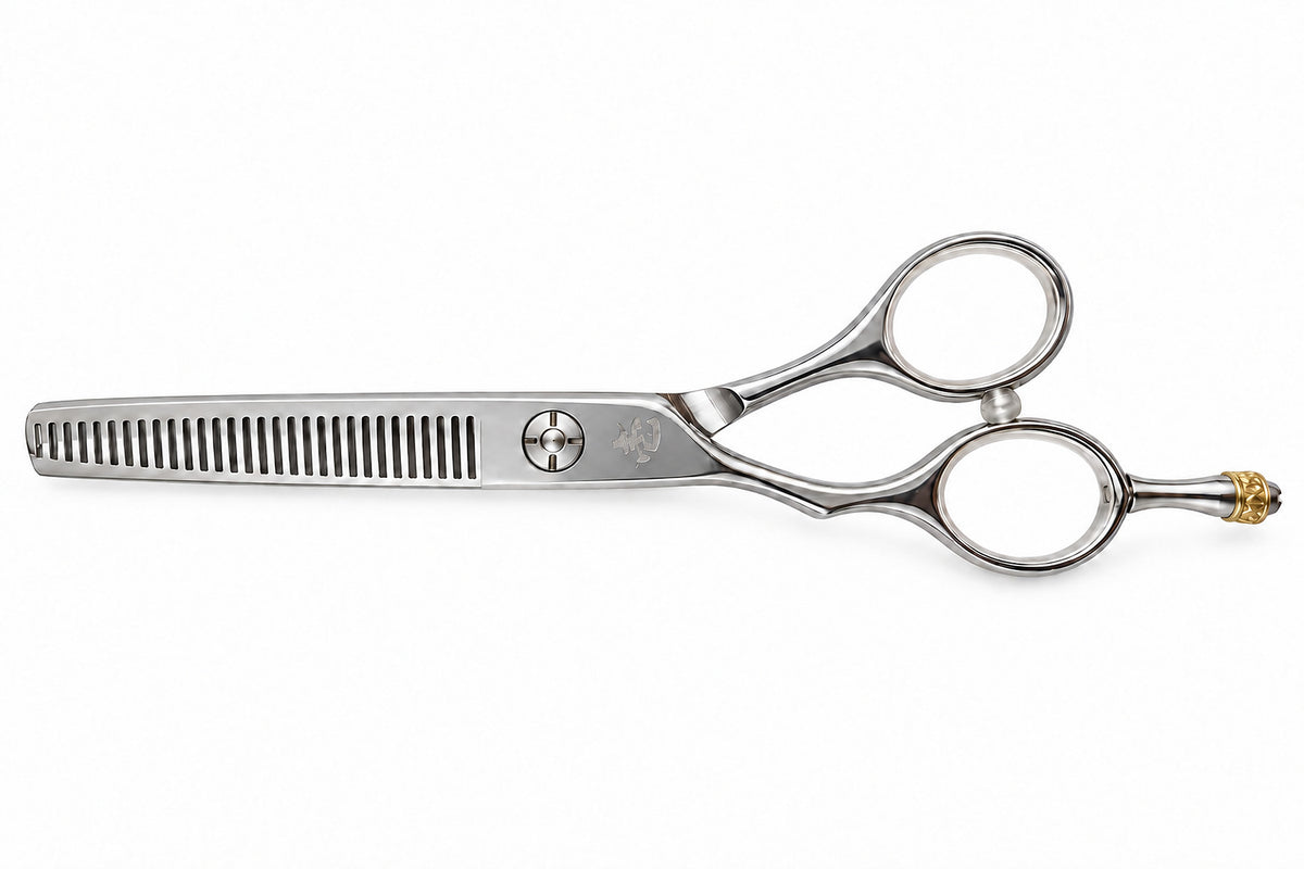 Ichiro Crown Lefty Thinning Shears, 6 inch left-handed texturizing shears with V-shaped teeth (SKU: ICH-CRN-LT60)