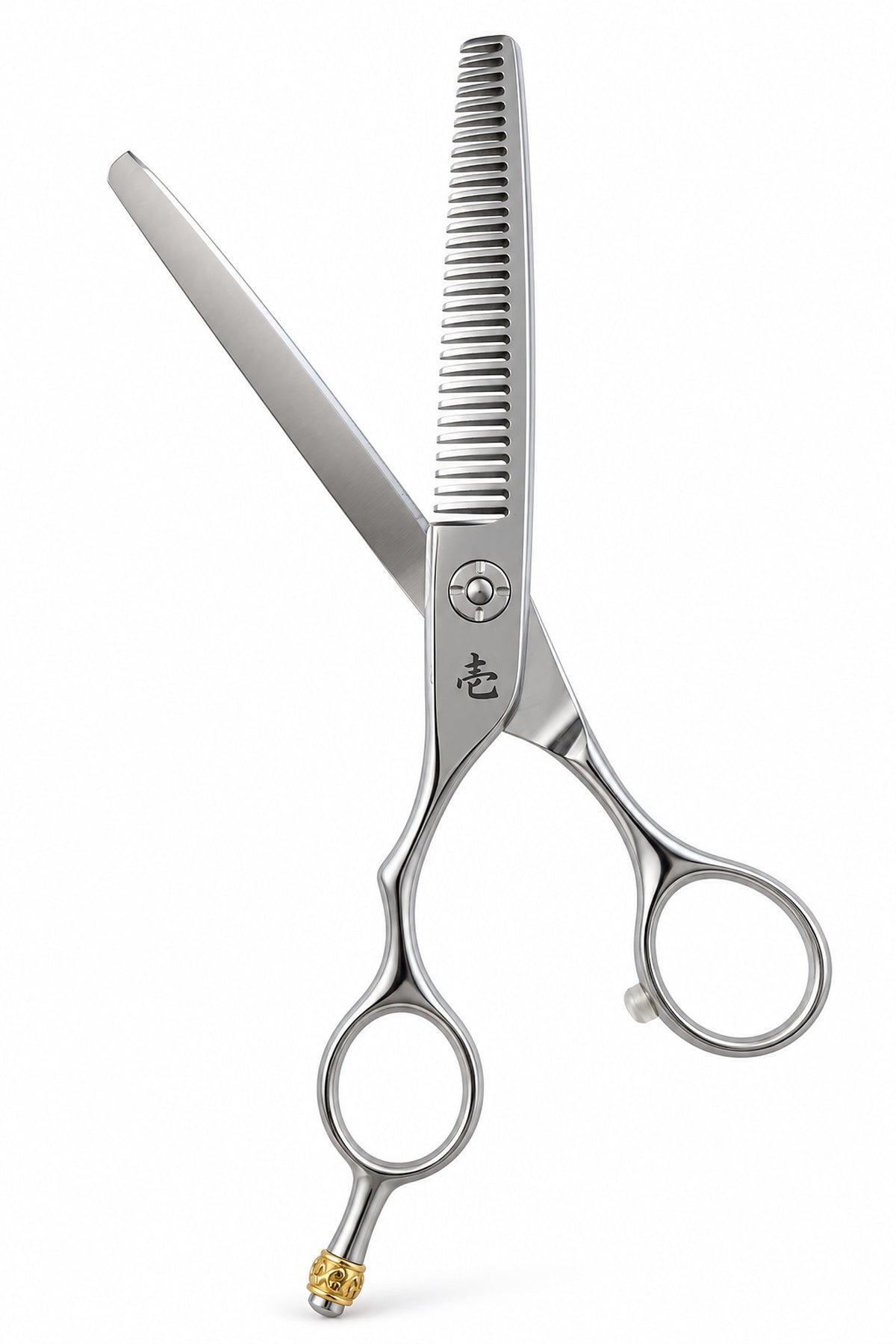 Ichiro Crown Lefty Thinning Shears shown open with the V-shaped teeth facing the plain blade