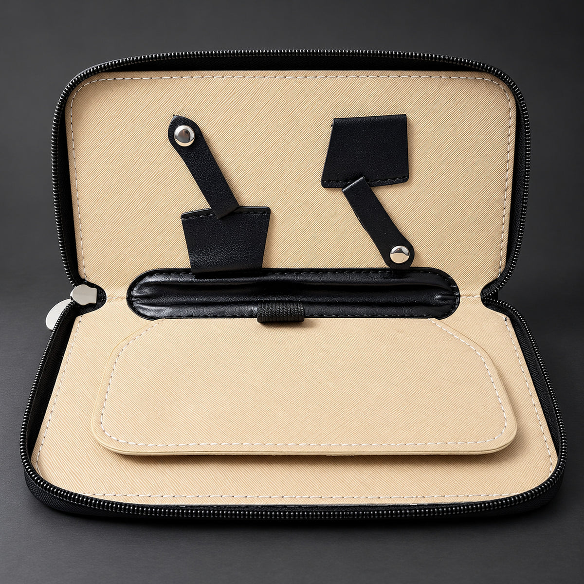 Ichiro shear case interior with blade covers, snap straps and a padded center divider