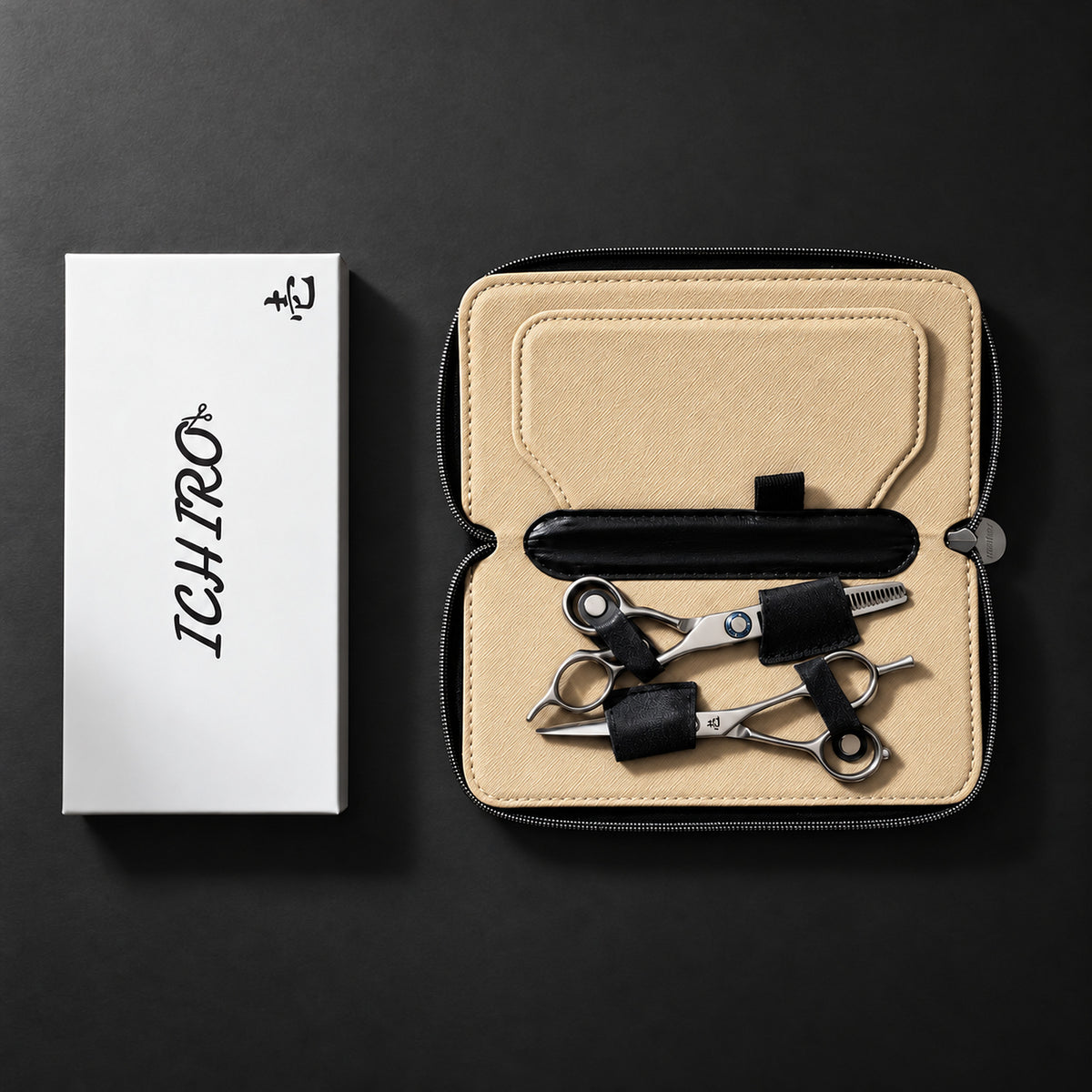 Ichiro travel case holding a cutting shear and a thinning shear next to an Ichiro box, shears sold separately