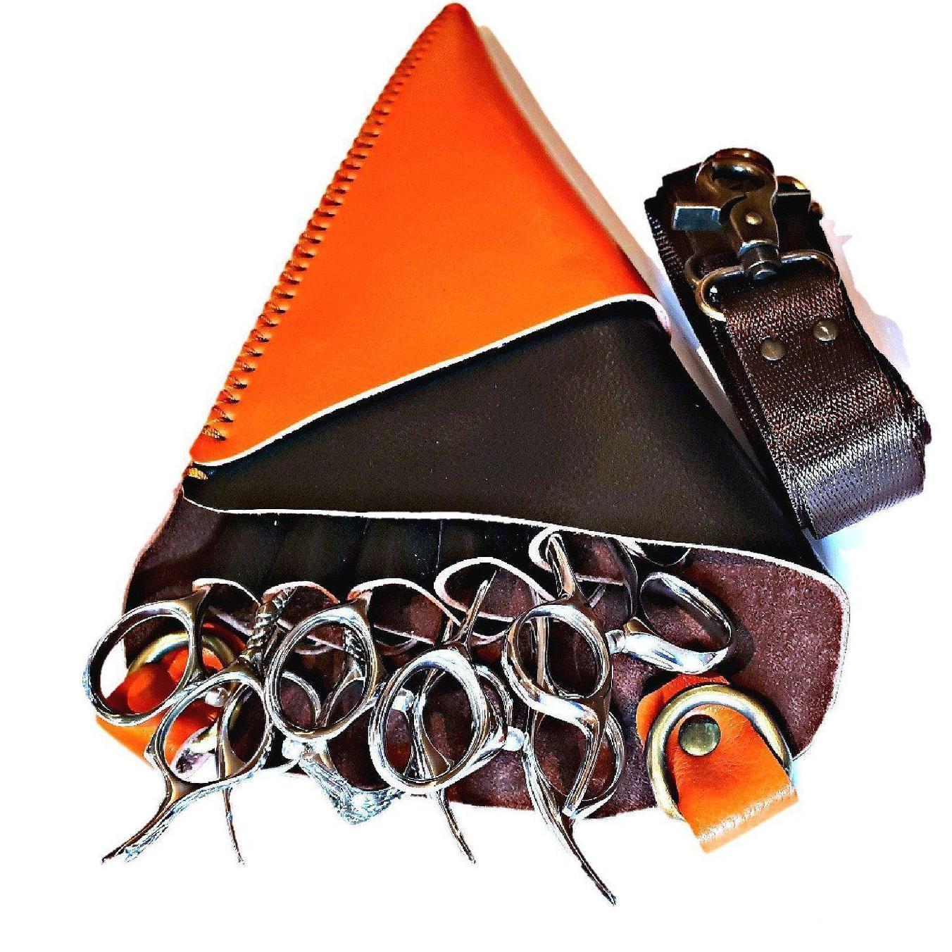 Premium Leather Orange & Brown Holster: Protect 5 Hair Scissors - Japan Scissors USA